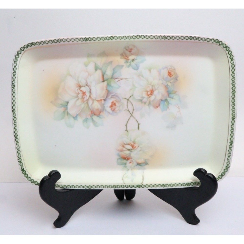 Antique Porcelain Pastel Floral Tray 9" Raised Rim Germany Hand Painted Transfer